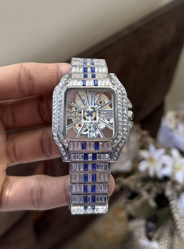 Cartier Santos Skeleton Blue Diamond Quartz Watch