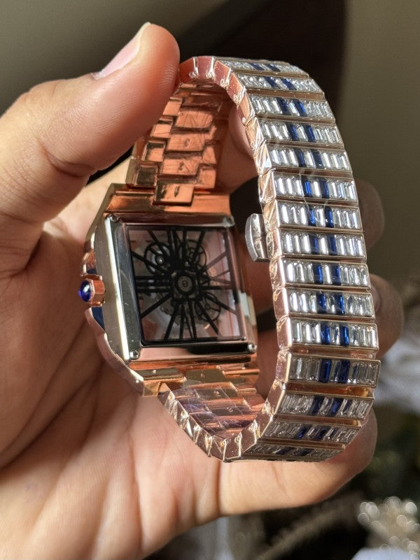 Cartier Santos Skeleton Copper-Blue Diamond Quartz Watch