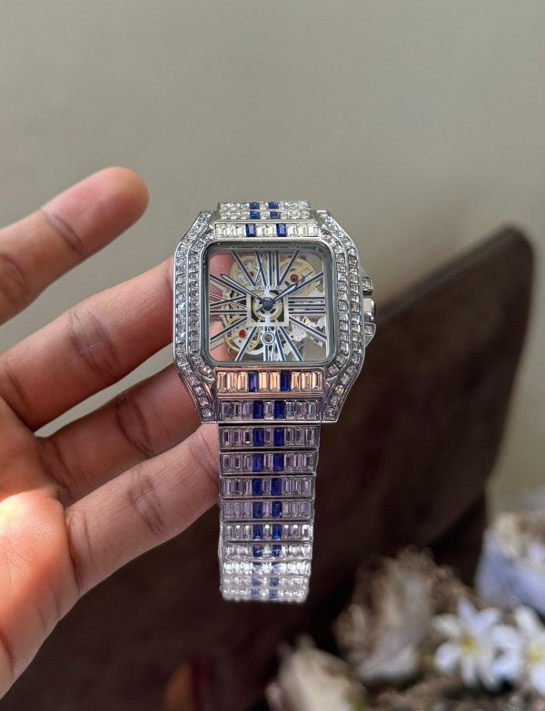 Cartier Santos Skeleton Blue Diamond Quartz Watch
