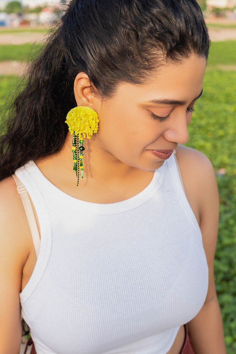 Bright Yellow Dandelion Earrings with Citrine Crystals