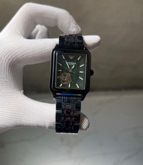 Emporio Armani Meccanico Green Dial With Black Metal Belt Automatic Watch