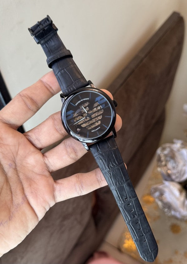 Emporio Armani Meccanico Black Leather Strap Automatic Watch