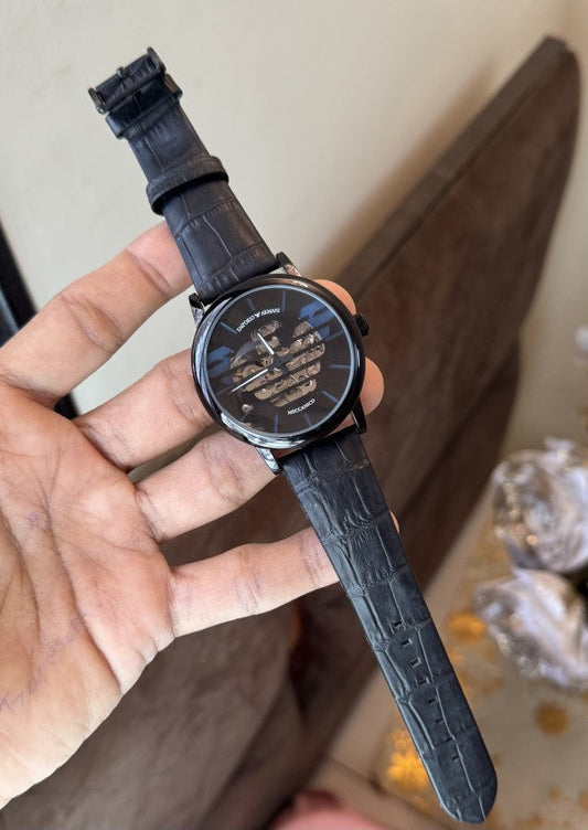 Emporio Armani Meccanico Black Leather Strap Automatic Watch