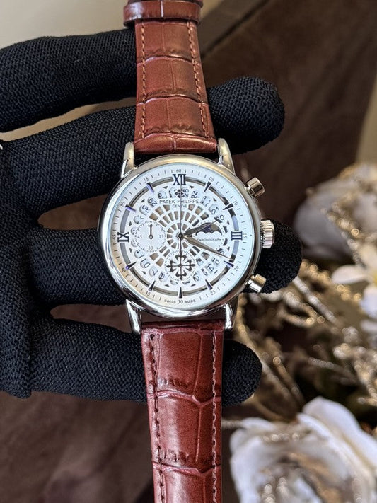 Patek Phillippe Chronograph White Dial Leather Strap Premium Watch