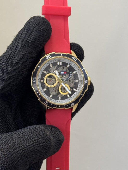 Tommy Hilfiger Red Silicone Strap Automatic Open Machinery Premium Watch