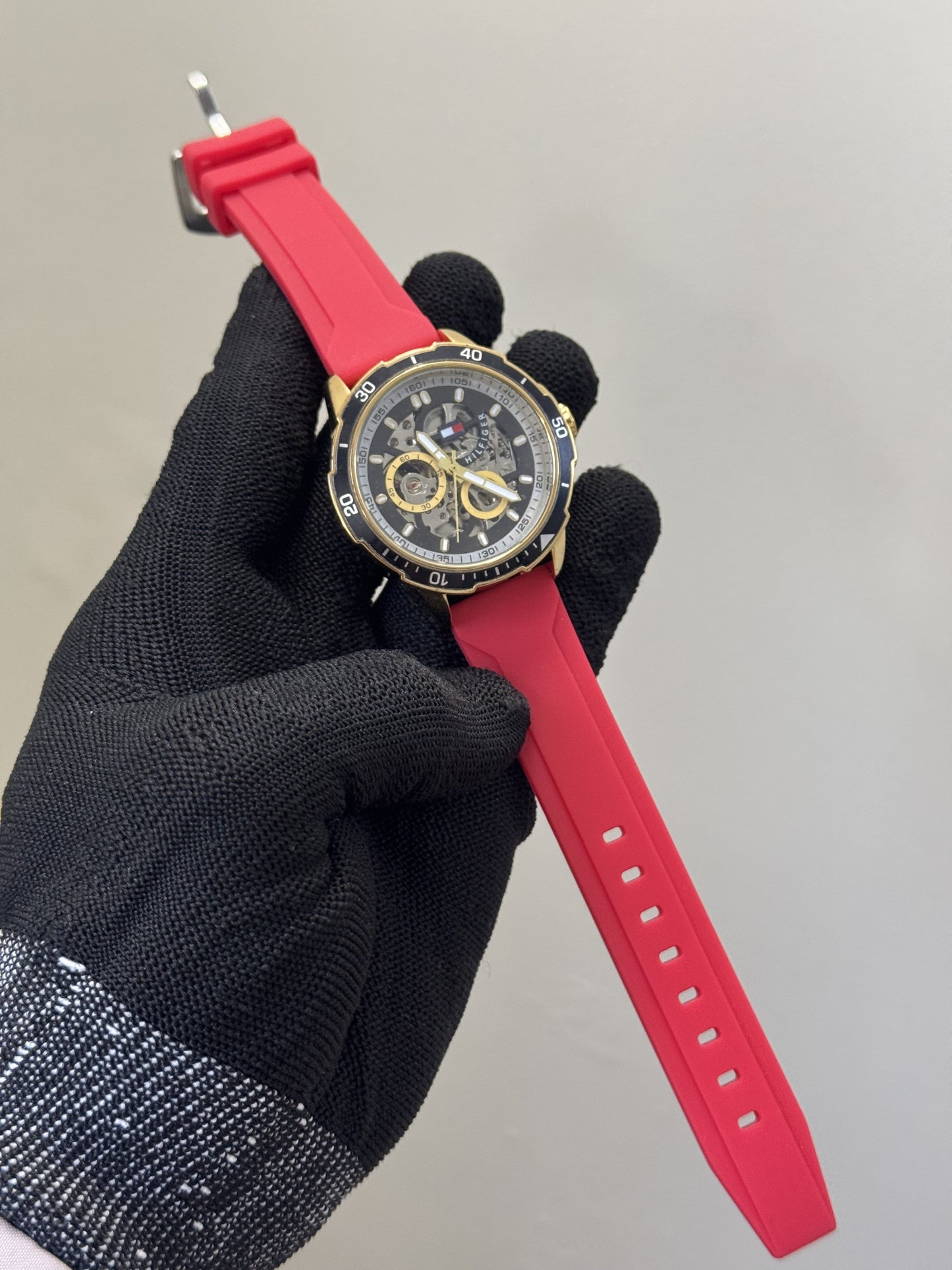 Tommy Hilfiger Red Silicone Strap Automatic Open Machinery Premium Watch