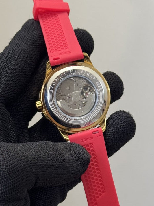Tommy Hilfiger Red Silicone Strap Automatic Open Machinery Premium Watch