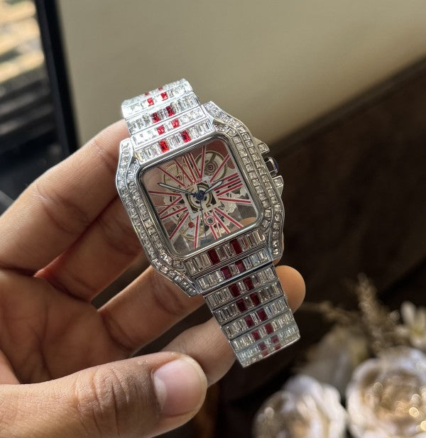 Cartier Santos Skeleton Red Diamond Quartz Watch