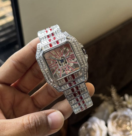 Cartier Santos Skeleton Red Diamond Quartz Watch