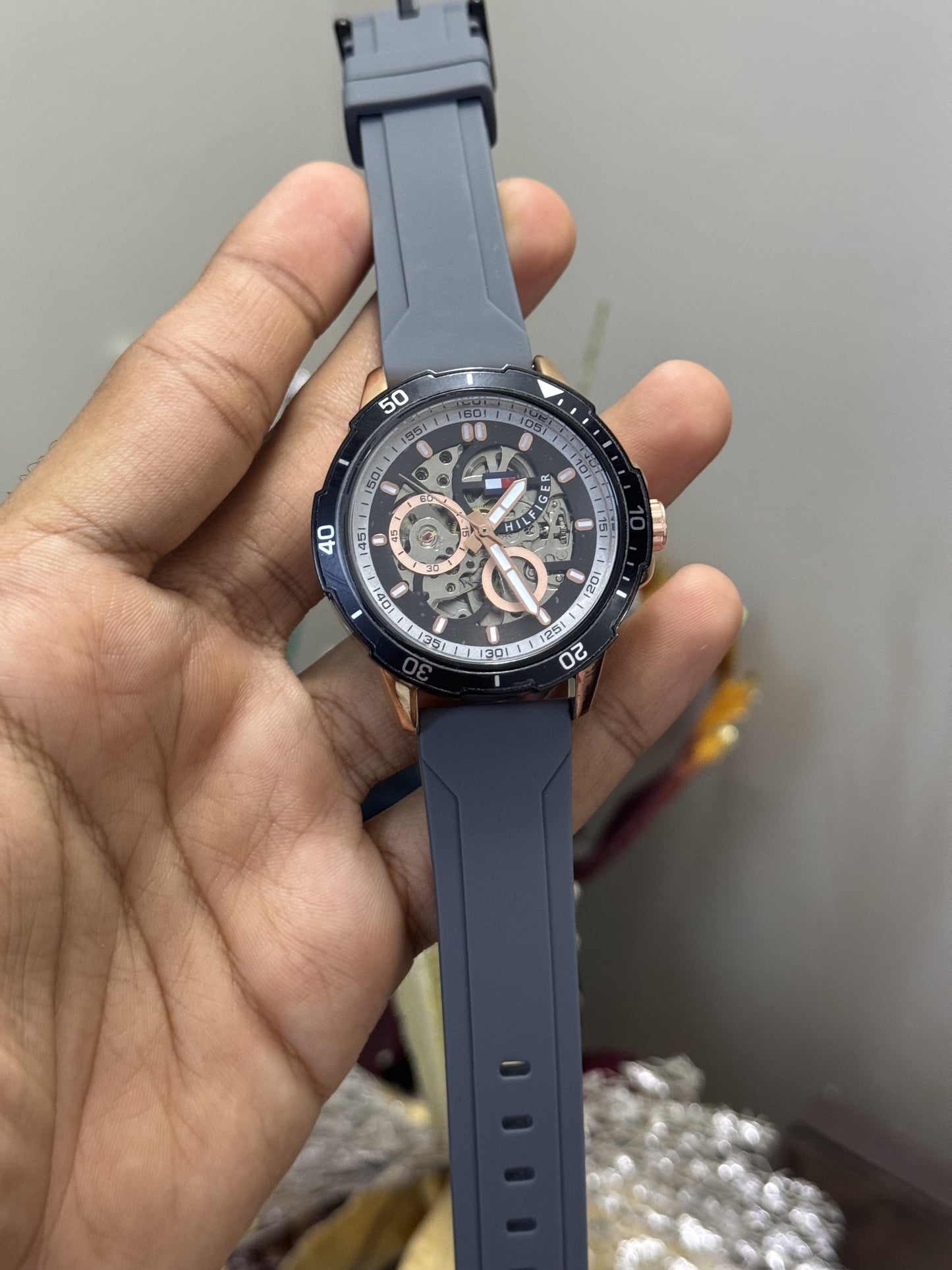 Tommy Hilfiger Grey Silicone Strap Automatic Open Machinery Premium Watch