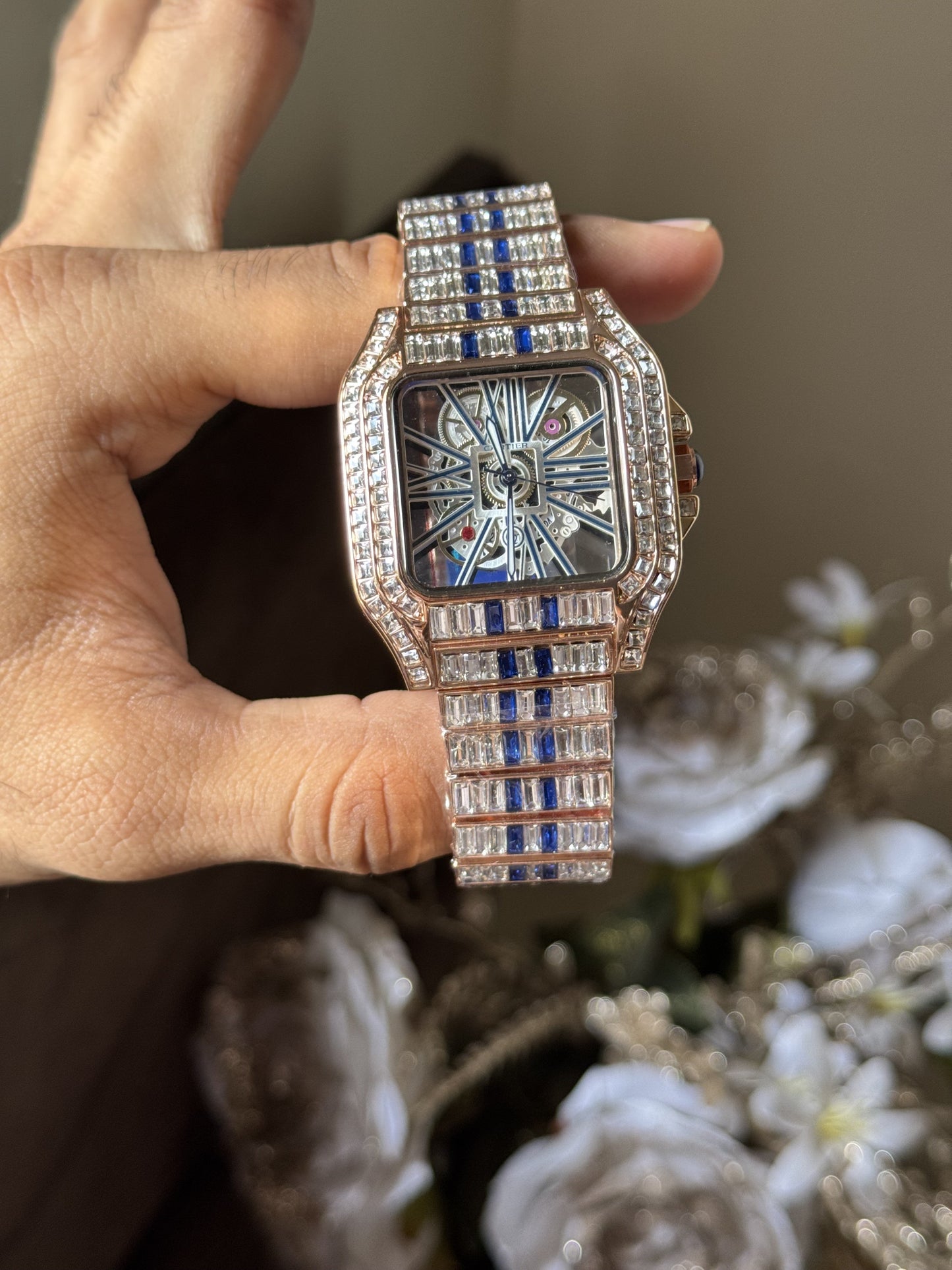 Cartier Santos Skeleton Copper-Blue Diamond Quartz Watch