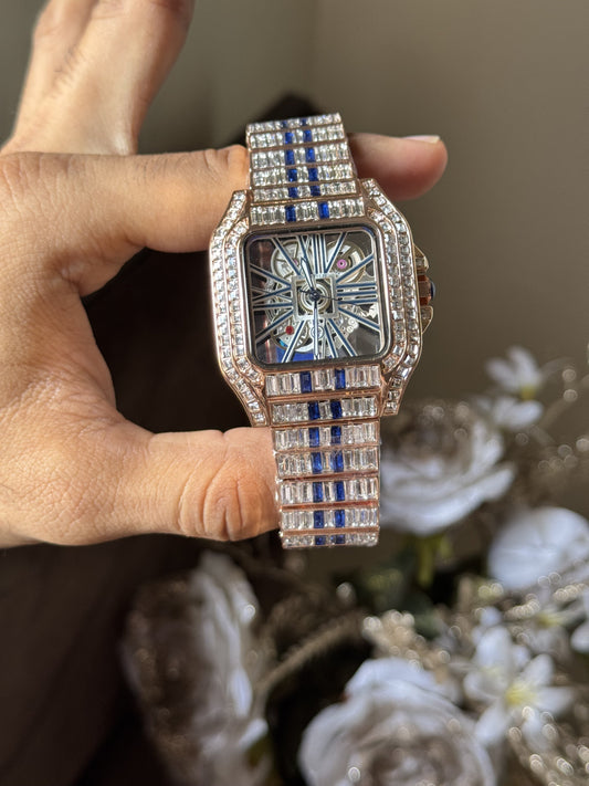 Cartier Santos Skeleton Copper-Blue Diamond Quartz Watch
