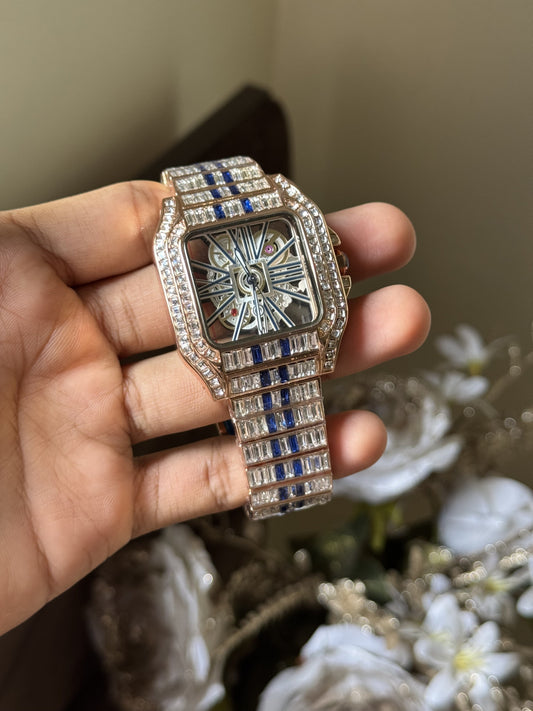 Cartier Santos Skeleton Copper-Blue Diamond Quartz Watch