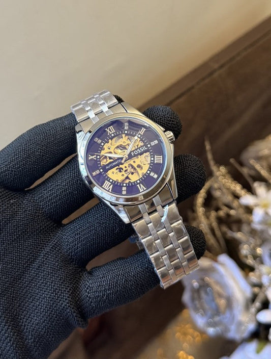 Fossil Automatic Silver-Black Metal Premium Watch