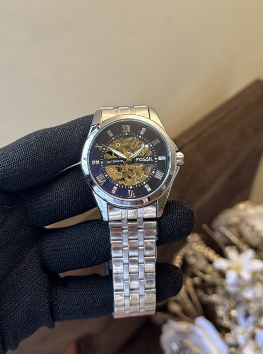 Fossil Automatic Silver-Black Metal Premium Watch