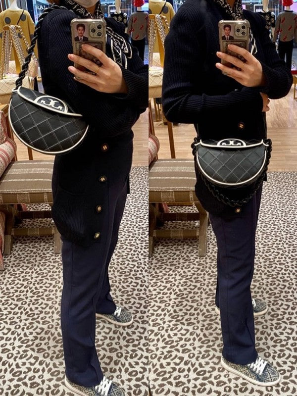 Tory Burch Fleming Soft Patent Border Crescent Premium Bag With OG Box & Dust Bag