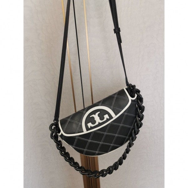 Tory Burch Fleming Soft Patent Border Crescent Premium Bag With OG Box & Dust Bag