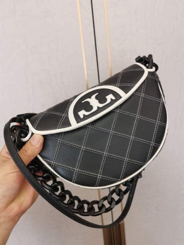 Tory Burch Fleming Soft Patent Border Crescent Premium Bag With OG Box & Dust Bag