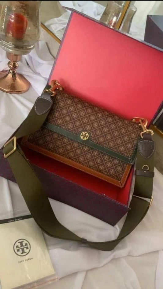 Tory Burch T Monogram Genuine Leather Shoulder Bag With OG Box & Dust Bag & Accessories