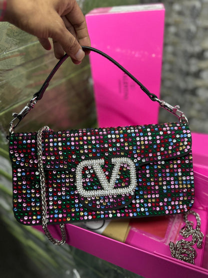 VALENTINO V LOGO BAGUETTE MULTI COLOUR STUDDED HIGH QUALITY  BAG