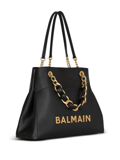 BALMAIN CHAIN EMBELLISHED PLAIN LEATHER TOTE BAGS