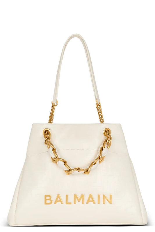 BALMAIN CHAIN EMBELLISHED PLAIN LEATHER TOTE BAGS