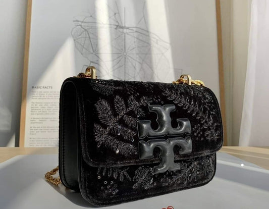 TORY BURCH ELANOR VELVET EMBELLISHED CONVERTIBLE CHAIN SHOULDER BAG