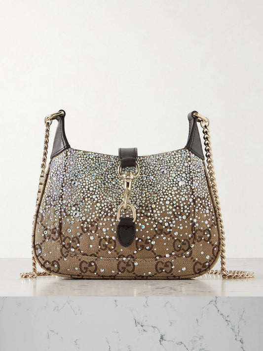 GUCCI JACKIE NOTTE TRIMMED CRYSTAL EMBELLISHED SMALL SHOULDER BAG