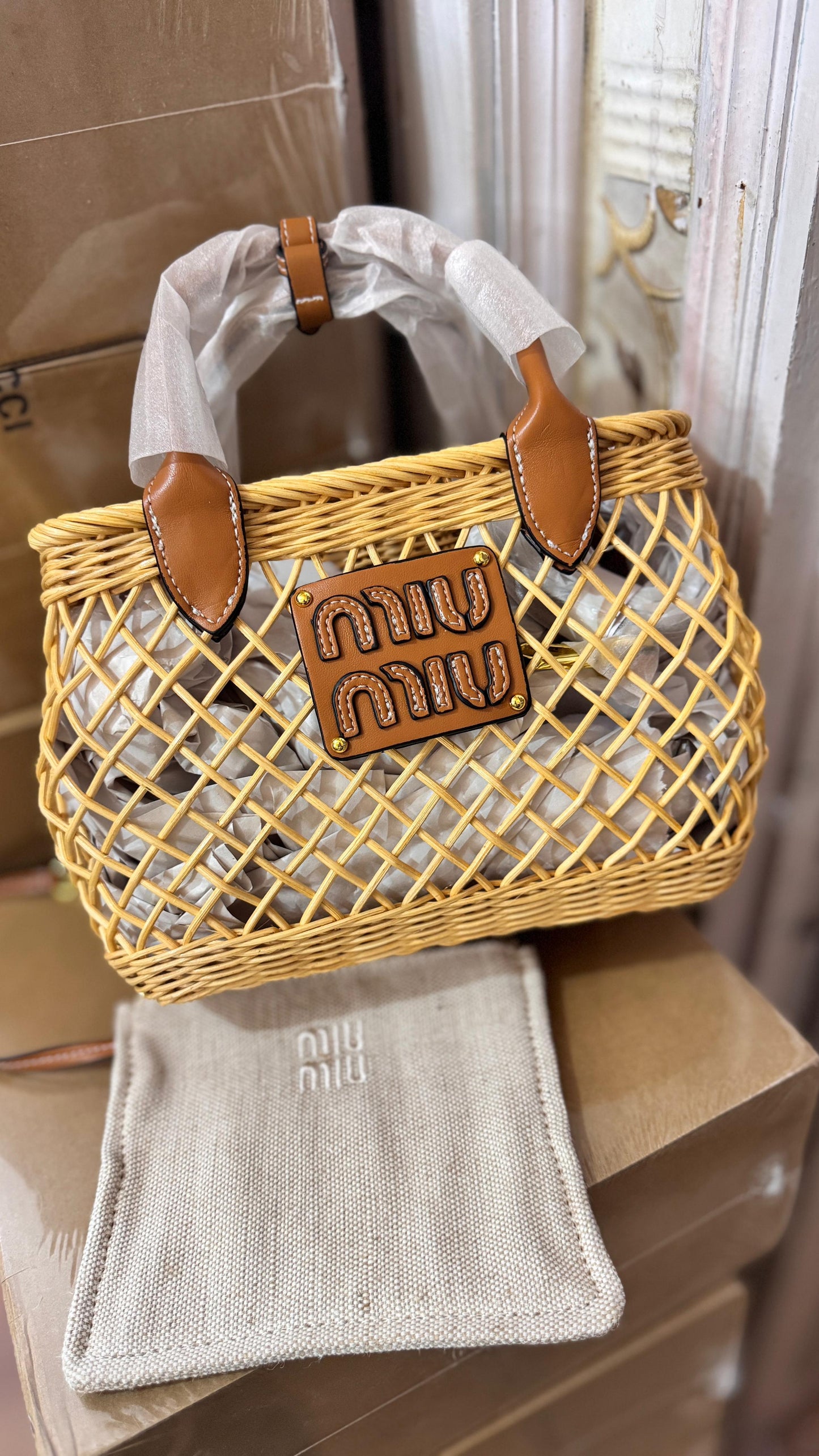 MIU MIU CHROCHET WOVEN BASKET HANDBAG