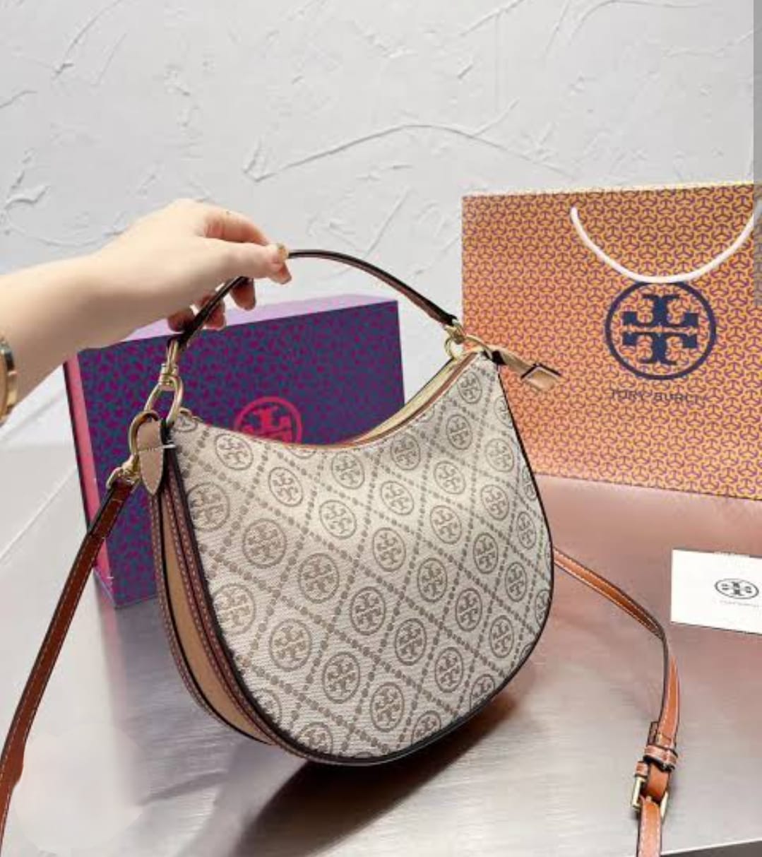 TORY BURCH T MONOGRAM JACQUARD CRESCENT BAGS