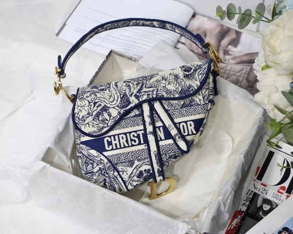Dior Saddle Blue Toile de Jouy Embroidery With OG Box & Dust Bag (Blue Tiger)