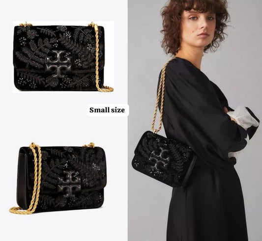 TORY BURCH ELANOR VELVET EMBELLISHED CONVERTIBLE CHAIN SHOULDER BAG