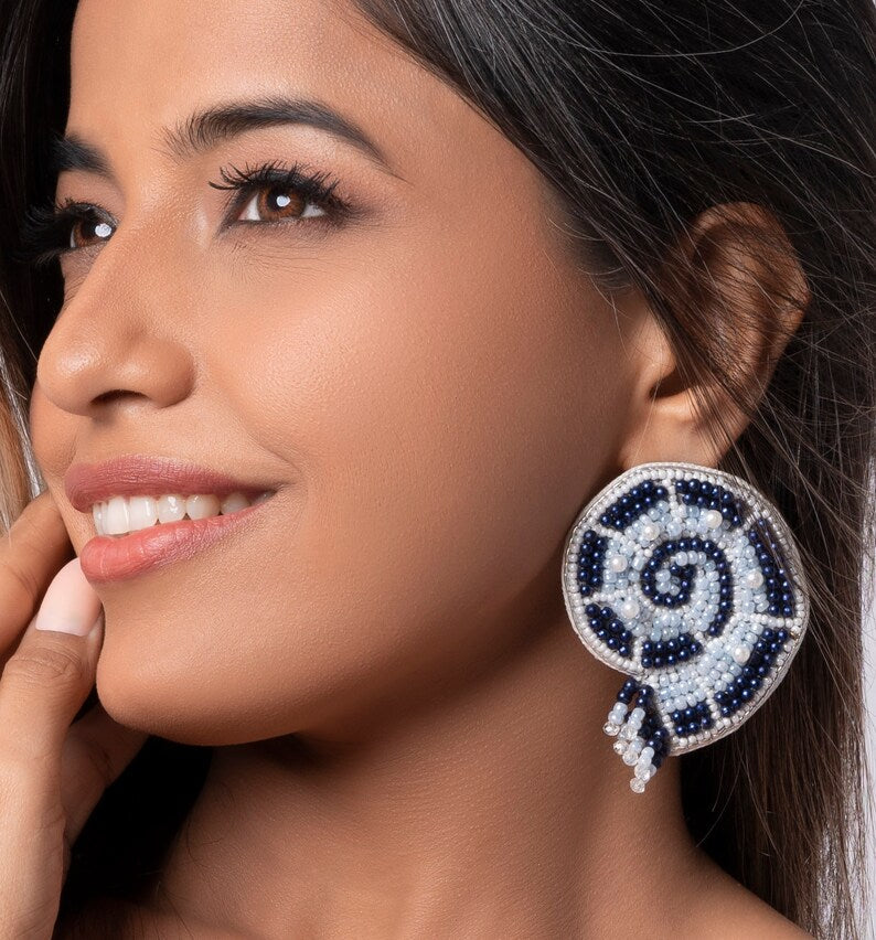 Big Blue Shell Earrings with Pearl Beads