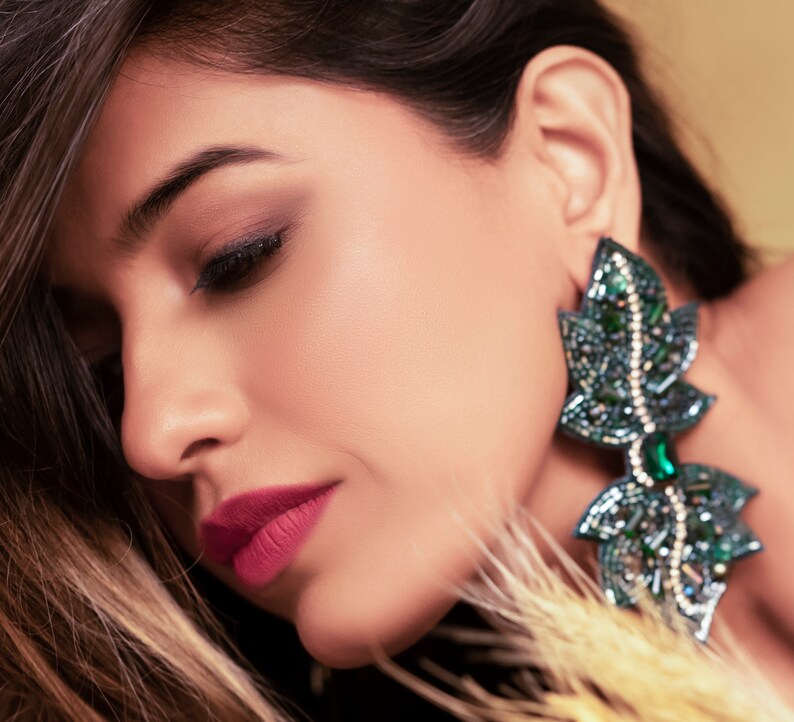 Gorgeous Emerald Earrings with Semi-Precious Crystal-Cut Stones