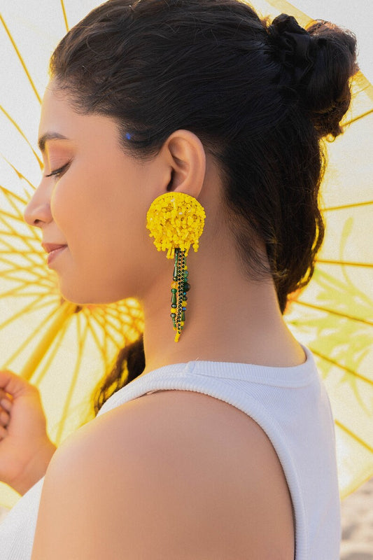 Bright Yellow Dandelion Earrings with Citrine Crystals